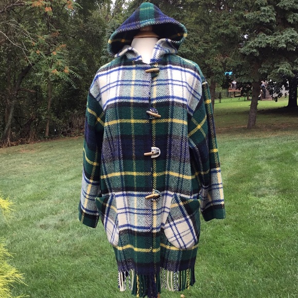 Vintage Irene Marshall Scottish Tartan Wool Toggle Fringe Coat - Picture 1 of 9